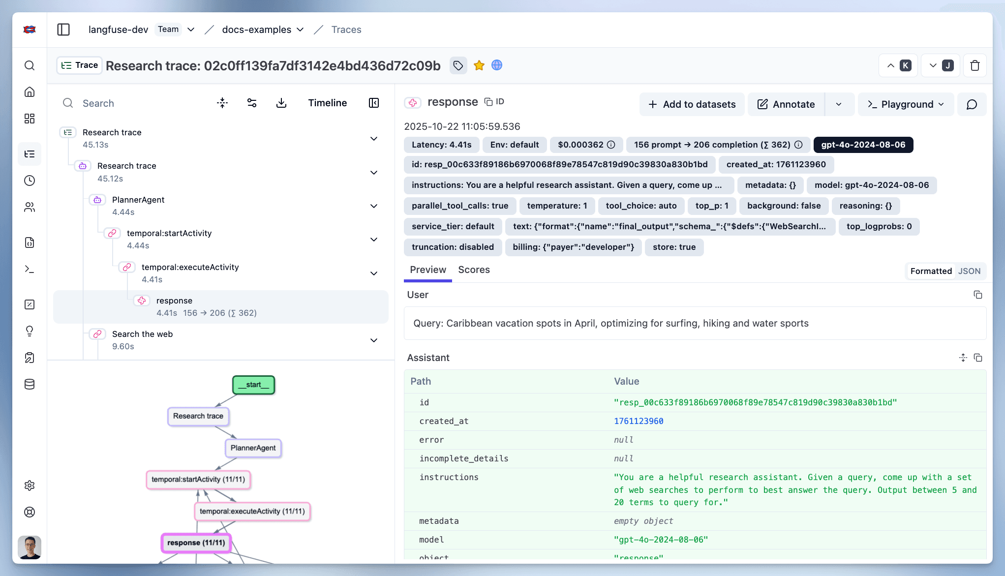 Example trace in Langfuse